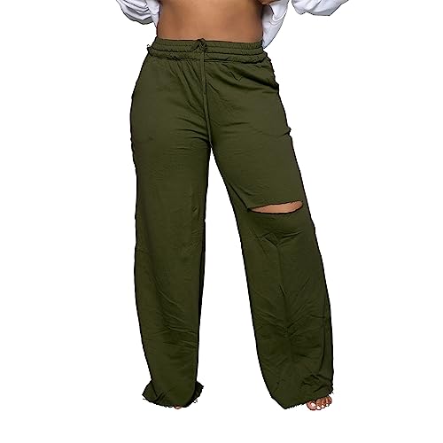PINSV Wide Leg Pants for Women Drawstring Baggy Straight Casual Sweatpants with Pockets Dark Green XXL