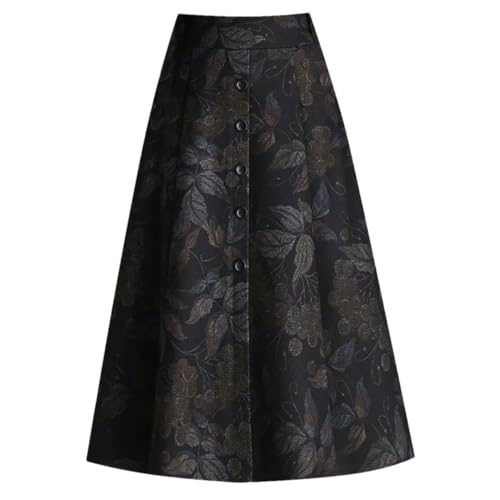 Women's High-Waisted Printed Button-Decorated Plaid Wool Midi Slim-Fit A-Line Skirt