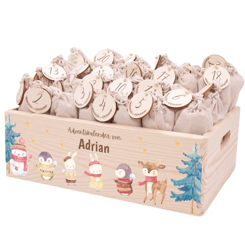Minihelden - Personalisierter Adventskalender 2025 aus Holz | Nachhaltige Adventskiste zum Befüllen mit Geschenktüten & Holzzahlen | Wiederverwendbare Weihnachtsdeko für Kinder & kleine Entdecker
