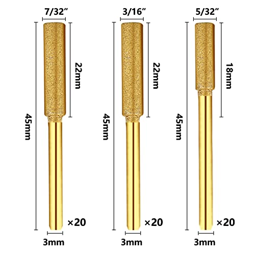 60 Pcs Titanium Plated Grinding Tool Diamond Chainsaw Sharpener Stones Bits High Hardness Chainsaw Sharpening Wheel For Machinery, Bearings, Metal Polishing, Chainsaws (5/32, 3/16, 7/32 Inches) #TOP1