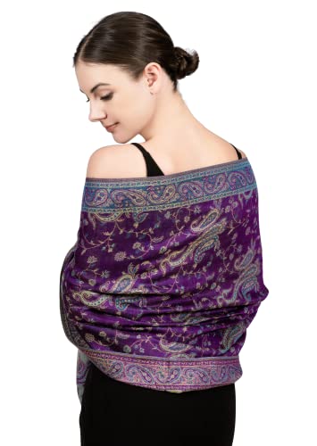 Achillea Soft Silky Reversible Paisley Pashmina Shawl Wrap Scarf W/Fringes 80" X 28" (Purple Turquoise) #TOP18