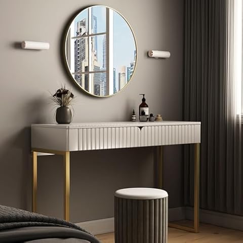 Longcoam Modern Desk with Drawers,43 Inches Home Office Computer Desk with 2 Drawers,White and Gold Desk Makeup Vanity Table for Bedroom,Entryway Console Table Cover