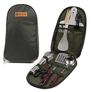 9 Pcs Camping Utensils Complete Outdoor Kit for Cooking and Grilling | Packed in Green water Resistance Bag Excellent Quality, Perfect for BBQ, Picnic, Hiking, Backpacking Trips, Fishing, Road trips | Personal Use and Great Gift – by Matinou Camping Gear