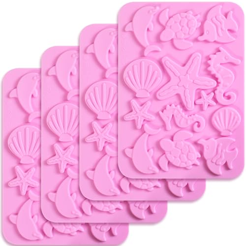 Newk Silikonform mit Meeresmotiven, 4 Stück, Muschel, Muschel, Seepferdchen, Seestern, Schildkröte, Silikonform für Fondant, harte Süßigkeiten, Kuchendekoration, Harz, Anhänger