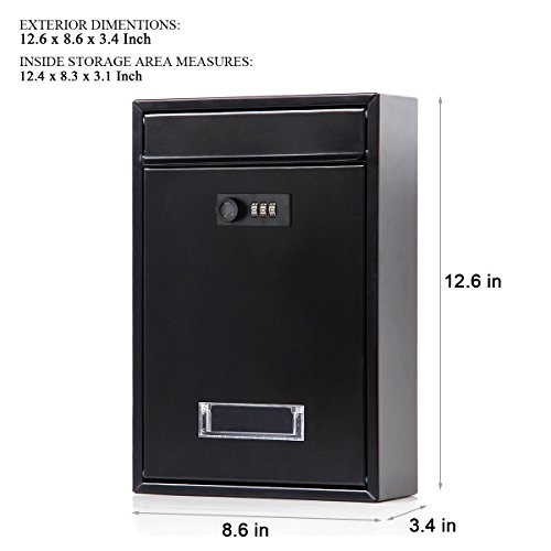 Image of Locking Mailbox Wall Mounted Vertical- Jssmst Mail Boxes with Combination Lock Large Capacity, 12.6 x 8.46 x 3.35 Inch, Black, SM-0601CM,Medium