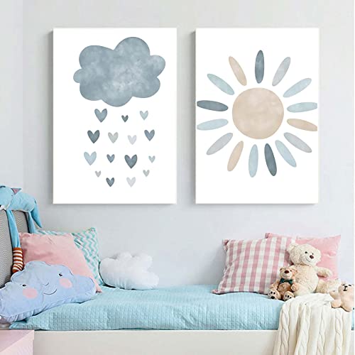 Nursery Wall Prints Blue Sunshine Rainbow Cloud Canvas Wall Art, Child Wall Art Poster Boho Nordic Wall Pictures For Boys Baby Kids Room Decor, Set Of 3 Cute Cartoon Prints Boys Room Wall Decor Unframed #TOP1