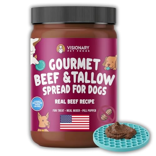 Visionary Pet Foods Beef Meat Spread, Dog Safe and Natural Peanut Butter Alternative - Healthy Digestive Support, No Additives - Lick Mat Treats - 12oz Jar