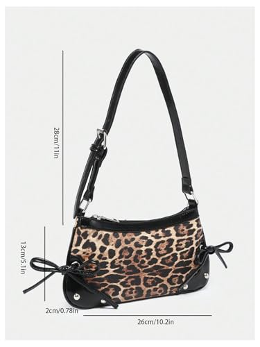 Image of QWINEE Women's Leopard Print Purse Y2k Cheetah Shoulder Bag Bow Studded Clutch Zipper Adjustable Strap Underarm Bag