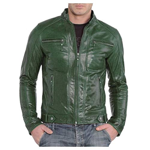 Men's Distress Leather Jackets Motorcycle Bomber Biker Stylish Outerwear Zipper Jacket(Moss Green)