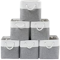 ICEMOR 33 x 33 x 33 cm Cube Storage Boxes, 6 Pack Large Collapsible Fabric Storage Bin with Ropes, Foldable Cube Baskets for Kallax, Office,Closet, Clothes, Toys Organizer (White & Grey)