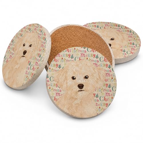 Caroline's Treasures Poodle Toy Cream Christmas Large Sandstone Coasters Pack of 4 Absorbent Round Coasters Decor Gifts for Men or Women, 4 in, Multicolor
