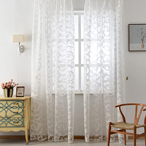 Napearl White Sheer Curtains, European Style Jacquard Light Filtering Curtains, Rod Pocket Semi Voile Curtains For Privacy Protect, Set Of 2 Panels, Each 52 X 96 Inch #TOP1