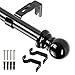 Bastoni per tende estensibili con terminale tondo, 76-369 cm, metallo effetto acciaio inossidabile a 1 barilotto, nero 76-110 cm