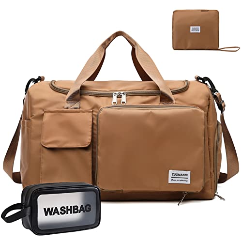 BEULPTN Small Gym Bag for Women, Waterproof Travel Duffle Bag Carry On Weekender Bag with Shoe Compartment & Wet Pocket, 24#Khaki, Foldable & Toiletry Bag