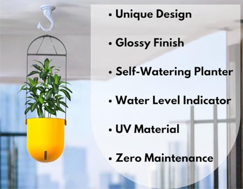 Image of Indian Discovery Self Watering Ceiling Hanging Planter|Hanging /Hooked Flower Pots for Home, Balcony, Terrace, Garden Decor Flower Pots(1 Pcs, Yellow, Sphere)|6 Inch UV-Resistant Plastic Plant Pots