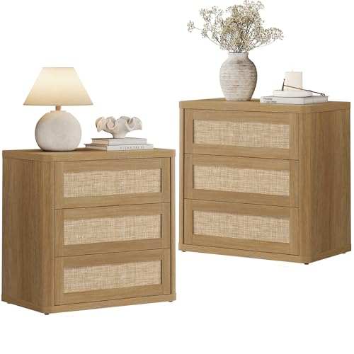 Image of SICOTAS Rattan Nightstand Set of 2, 26.8" Wide Oversized Night Stands with 3 Large Drawers, Boho Bedside & End Table with Push-Close Drawers and Kid-Safe Rounded Edges for Bedroom Sofa Side, Amber Oak