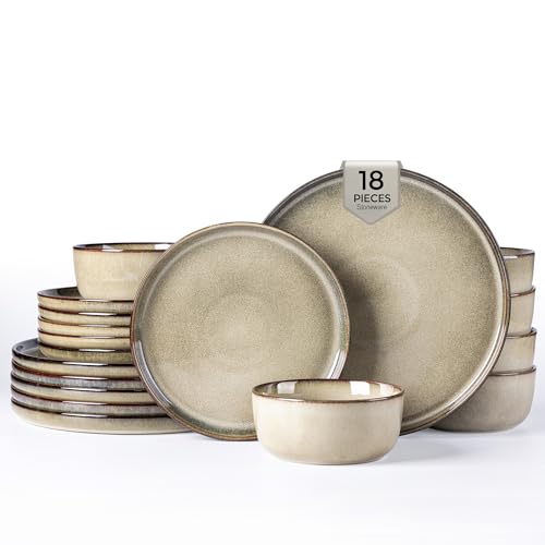 Image of GBHOME Dinnerware Sets for 6, 18 Pieces Stoneware Plates and Bowls Sets, Scratch Resistant Dishes, Dishwasher & Microwave Safe, Reactive Glaze