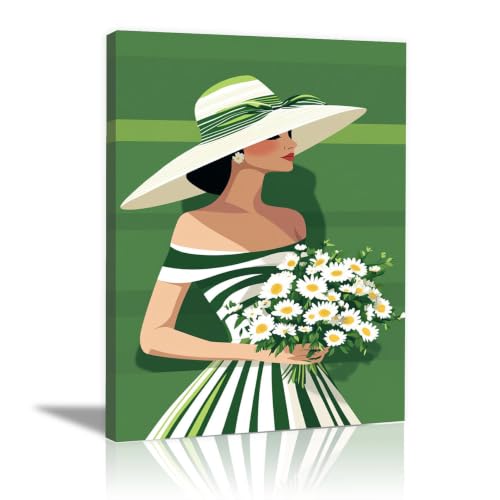 Tableau toile femme chapeau rayé vert marguerites 20x30 cm encadré
