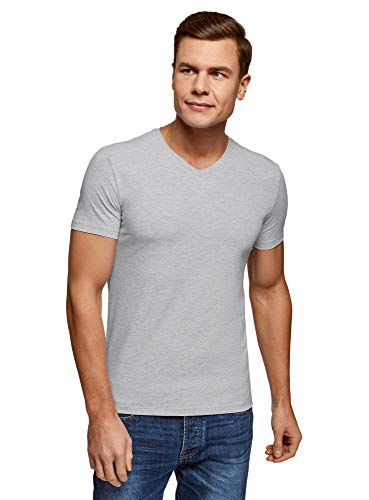 oodji Ultra Herren Tagless T-Shirt Basic mit V-Ausschnitt, Grau, XL Cover
