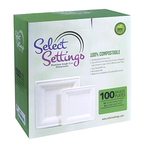 Select Settings Premium Single-Use Dinnerware [100 Count] Compostable Eco-Friendly Square Plates 50 Dinner Plates And 50 Dessert Plates Made From Bagasse (Sugarcane) #TOP6
