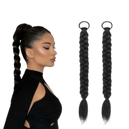 HIENAJ 2Pcs Braided Ponytail Extensions with Hair Ties Soft Synthetic Hair Pieces for Women Girls Daily Wear 16 Inch Suitable for parties, birthdays, weddings Natural black