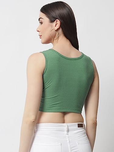 Image of POPWINGS Casual Pastel Green Solid Sleeveless Ribbed Crop Top for Women || Round Neck Summer Crop Top for Women || Crop Tops for Women Fancy Crop Top for Women