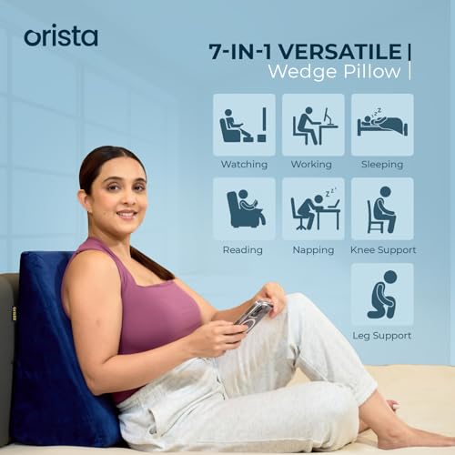 Image of Orista Wedge Pillow Made with Advance Gel Blended Memory Foam Complete Back Support, Acid Reflux, Anti Snoring, Leg Elevation, Improves Comfort and Posture | 20 x 20 x 10 Inch | Blue Velvet Cover