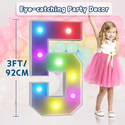 Image of Imprsv Colorful 3FT Marquee Numbers 5, 18 Colors Large Light up Numbers | RGB with Remote, Birthday Party Decorations Anniversary Wedding Decorations Assembly Required 21 Pcs Accessory Set