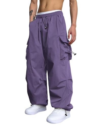 ZAFUL Flat Pocket Parachute Pants for Men Causal Baggy Cargo Pants Unisex Street Y2K Pants Drawstring Trousers Purple L