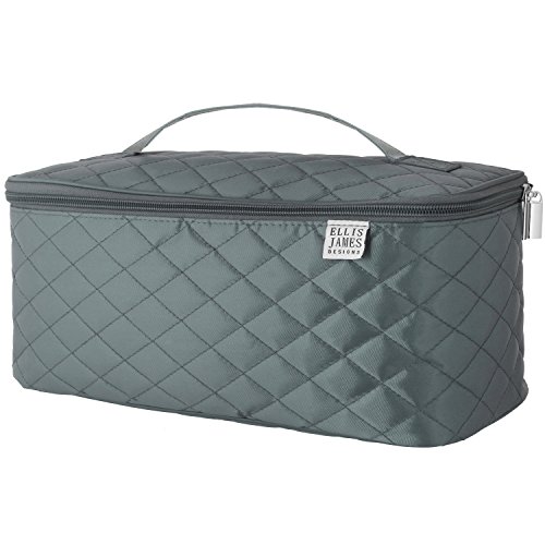 ELLIS JAMES DESIGNS Large Travel Makeup Bag Organizer - Cosmetic Train Case Toiletry Bags for Women - Grey - With Handle and Make Up Brush Holders - Professional Hair Dryer Cases and Beauty Storage