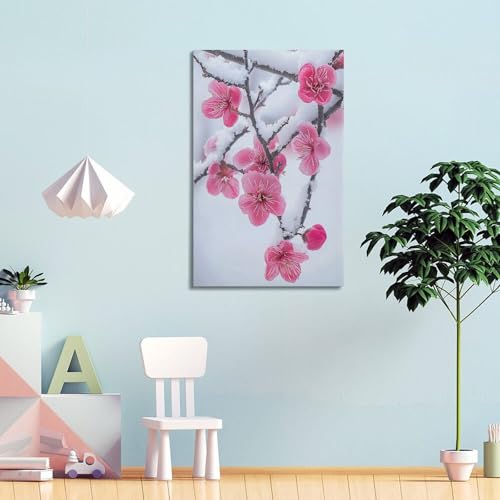 Poster moderne paysage fleurs de prunier roses sous la neige avec cadre jiduhon 40x60cm