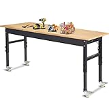 60' Adjustable Work Bench, Rubber Wood Top Workbench Heavy-Duty Work Table with Power Outlet and Wheels, 2000 LBS Load Capacity Hardwood Work Benches for Garage, Workshop, Home, Office, Easy Assembly