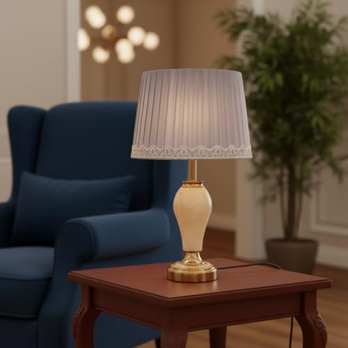 Image of ELARE Classic Brass Finish Table Lamp with Silver-Grey Pleated Fabric Shade & Decorative Trim | Luxury Bedside Night Lamp for Bedroom & Living Room | Modern Decorative Table Light for Home Decor