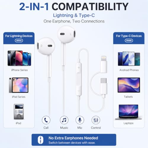 Image of 2-in-1 Wired Earphone with Mic, Type C & Lightning Connector Stereo Earbuds, HD Sound Handsfree with in-Line Control, White