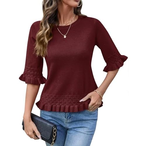 AKEWEI Womens 3/4 Sleeve Pullover Sweater Crewneck Knit Peplum Tops Lightweight Casual Going Out Outfits
