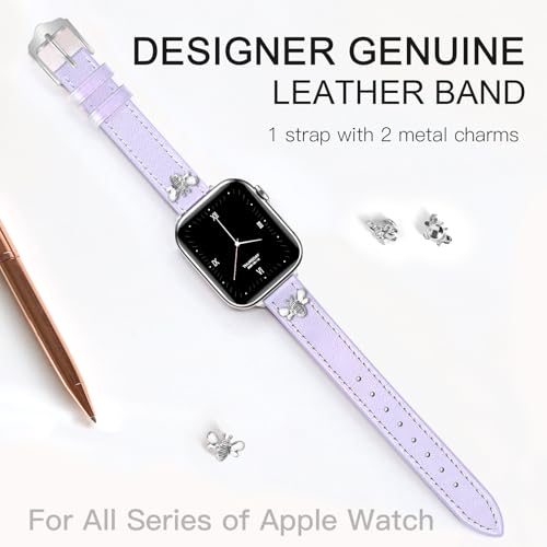 Image of JR.DM Slim Leather Bands Compatible with Apple Watch Band 38mm 40mm 41mm 42mm 44mm 45mm 46mm 49mm, Genuine Leather Band with Charms, Feminine Design for Iwatch Ultra SE Series 11 10 9 8 7 6 5 4 3 2 1