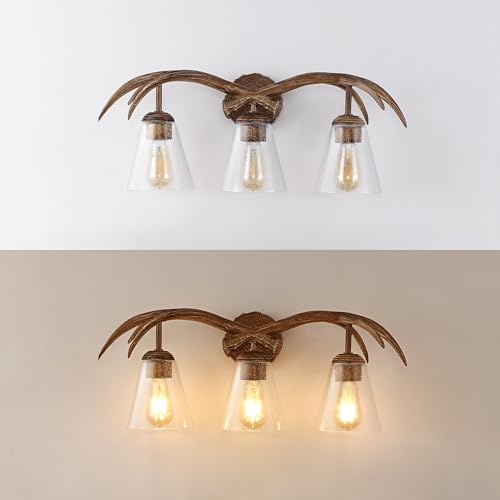 Image of JONATHAN Y 25.5 inch Brown Wood Finish 3-Light Resin Faux Antler LED Vanity Light, Southwestern Bohemian Wall Sconce with Seeded Glass Shades, UL Listed, LED Bulbs Included JYL6309A