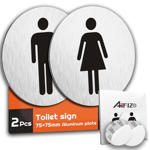 AIFIZO Toilet Door Sign, Men‘s and Women‘s Toilet Sign Set of 2, Brushed Aluminium, Self-Adhesive No Drill WC Bathroom Signs for Office Restaurant Home, Easy Install with Strong Adhesive Tape (75mm)