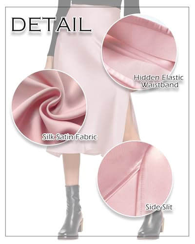 Image of Amy Babe Womens Satin Silk High Waist Slit Midi Skirt Long Skirts for Women | Elastic Waistband, Side Split, Midi Length, Below the Knee, Silky Fabric, Elegant, Fall Winter Outfits