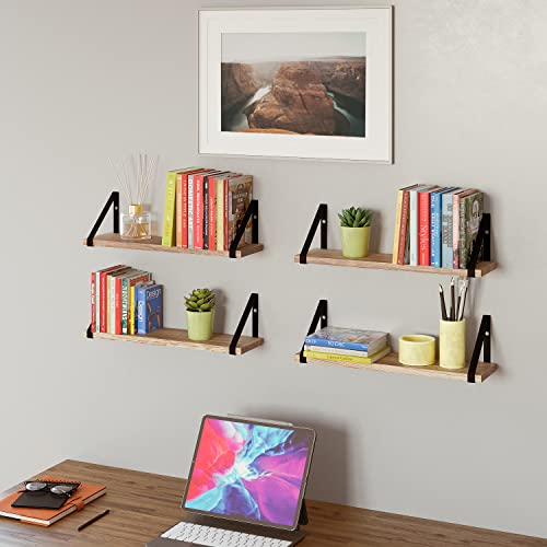 Wallniture Ponza Floating Shelves Wall Mounted Set Of 4, Storage Shelves For Kitchen, Pantry, Bathroom, Living Room, Bedroom, Natural Burned Rustic Wood Wall Decor With Metal Floating Shelf Bracket #TOP7