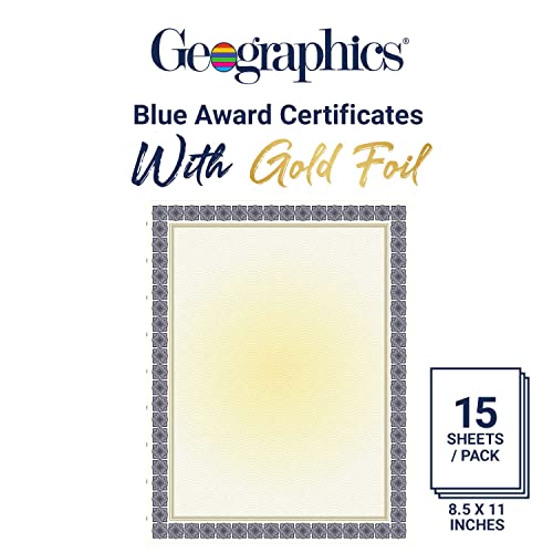 Geographics Blank Award Certificate Paper, 8.5 X 11", Premium Gold Foil & Kensington Blue Border Design (Pack Of 15) #TOP1
