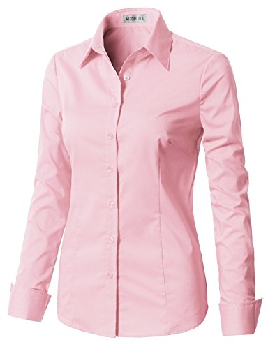 CLOVERY Women's Basic Long Sleeve Slim Fit Button Down BABYPINK 1X Plus Size