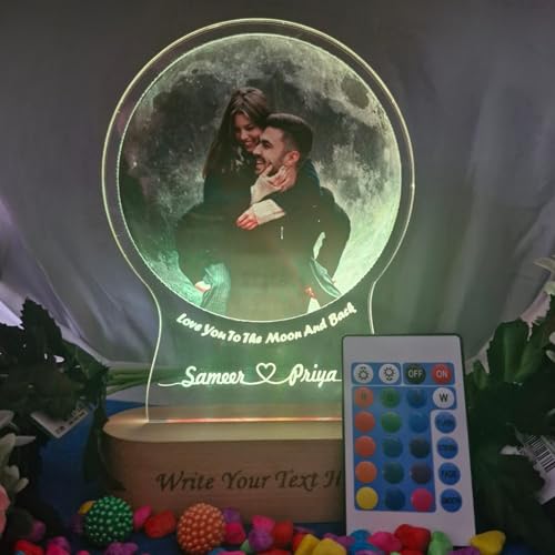 Image of Personalized UV Printed Photo 3D Illusion LED Table Lamp for Couple Gift for Anniversary, Wedding, Marriage, Valentine Day- Your Wooden Base Text Egraved, Multicolor Light- 22CM