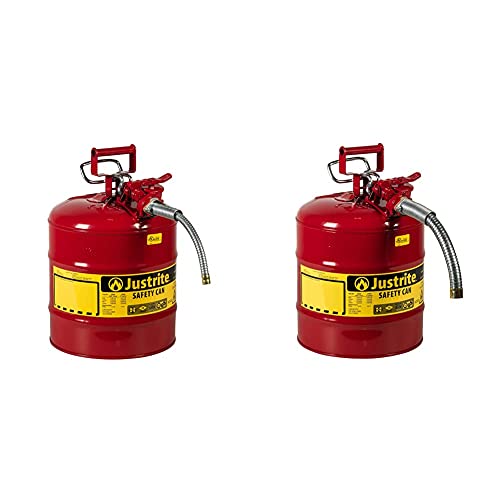 Justrite 7250120 Accuflow 5 Gallon, 11.75" Od X 17.50" H Red Safety Can With 5/8" Flexible Spout & 5 Gallon Red Accuflow Can With Stainless Steel Flame Arrester And 1" Metal Hose #TOP18