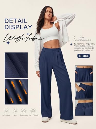 IWOLLENCE Women Wide Leg Pants Waffle Stretchy Work Dress Pants Business Casual Outfits Slacks Trousers Navy Blue — view 5