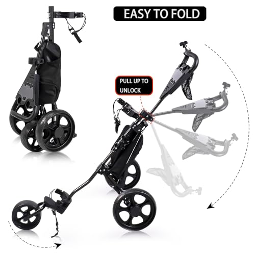 image for LTY Golf Push Cart, 3 Wheels Folding Golf cart with Foot Brake & Phone