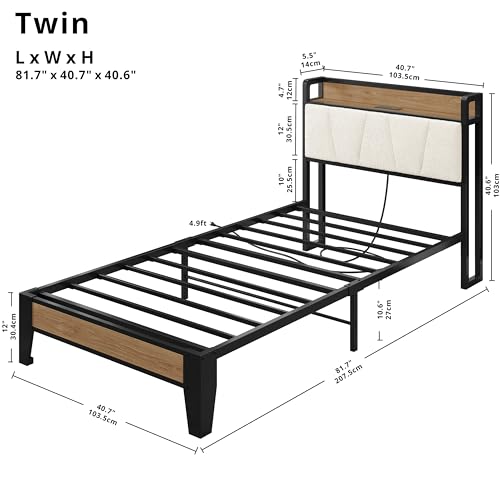 LIKIMIO Twin Bed Frames, Storage Headboard with Charging Station, Solid and Stable, Noise Free, No Box Spring Needed, Easy Assembly, Wood and Cream