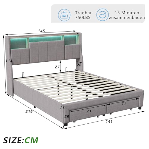 BRYXR Polsterbett 140x200 cm, Stylisches Doppelbett mit LED-Beleuchtung, USB-Anschlüssen und Stauraum, Elegantes Bett mit 2 Schubladen & Lattenrost in Grau, ohne Matratze