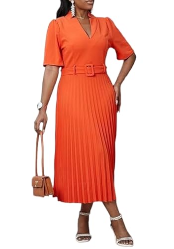 HuiSiFang Women's Elegant Pleated Dress Dressy Short Sleeve Elegant Formal A Line Dresses with Belt
