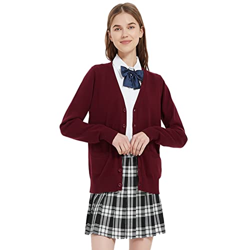 Image of Blostirno Women's Cardigan School Uniform Sweater Cardigans V-Neck Long Sleeve Button Down Knit with Pockets